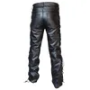 Men's Pants Vintage Pu Leather Cargo Mens Slim Fit Straight Trousers Black Punk Retro Drawstring Side Winter Streetwear Bottoms