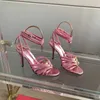 Sandalen Sommer Mode echte Leder-Knöchel-Straße Open-Toe High Heel Frau Crystal Decora Stilettos Ladies Bankettpumpen