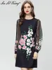 Abiti casual Seasixiang Fashion Designer Designer Spring Women Women O-Neck Lantern Sleeve Floral Stampa Diamonds Piena vintage