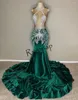 Vestidos de festa luxuosos strass de sereia longa baile 2024 para garotas negras Real sexy pura de miçangas prateadas de mulheres verdes, vestidos de mulheres verdes