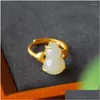 Klusterringar original varumärke naturliga Hetian Jade Gourd Öppen justerbar ring utsökt kinesiska persikhjärta damer sier smycken dropp del dhehj