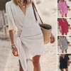 Lässige Kleider Bikini Cover-up Mini-Kleid elegante Schnüre-up gegen Hals für Frauen A-Line Solid Color Beach mit Halbsommer