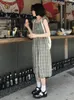 Повседневные платья платья Женщины клетчатые без рукавов летние ежедневные сладкие ретро-миди студенты A-Line Design Simple Corean Style Комфортный модный