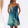 Casual Dresses Printing Women Summer Sundress Sexy V Neck Sleeveless Pleated Large Female Boho Knee-Length Mini Dress Loose