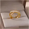 Rings Square Zircon Crossed For Women Gold Color Stainless Steel Adjustable Ring Aesthetic Jewelry Gift Anillos Mujer Drop Delivery Dhcxw