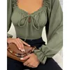 Damskie bluzki falbanki wiązane detale lantern rękaw Top design Tunik długi solidny swobodny bluzka koszule moda wiosenne lato