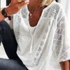 Fashion Hollow Out Tops Summer V-collier à manches courtes Coton Coton Blanc Femmes Femmes Couche de dentelle Lace Blouse Blouse 24294 240327