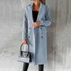 Nieuwe vrouwen Lange jas Slim Fit dubbele borsten vaste kleur wollen jas herfst winter turndown kraag bovenkleding overjas