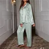 Roupas em casa O verão feminino listrado pijama definido com manga longa calça superior calça de seda terno de cetim de seda Spring Lowle Sleepwear casual feminino