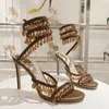 Rene Caovilla Chandelier Sandalias con cristal con cónyuges Tisos de tacones de aguja de cuero zapatos de noche