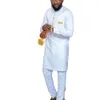 Африканская мужская одежда белая лоскутная кнопка украшенная рубашка и брюки костюма 2 куска свадебные роскошные костюмы Kaftan для мужчин 240328