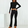 Women's Two Piece Pants 2024 Spring Fall 2 Pcs Sets Women Basic Long Sleeve Solid Sexy Crop Top Flare Set Sport Yoga Outfit Y2K Tracksuit