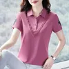 Vrouwen zomer Koreaanse mode elegant borduurwerk kanten katoen polo t -shirt kantoor dame casual chic losse korte mouw pullover tops 240409