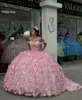 Rosa Princesa Quinceanera Vestidos de baile de baile do ombro Floral 3D Aplicado Vestido de Quinceanera sem costas Vestido de 15 máscaras