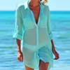 Cubierta de natación con manga larga traje de bikini encubrimiento de bikini de la moda europea botones de bolsillos de color sólido simple ropa de protección solar ropa