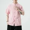 Camisas casuais masculinas 2024 Mens de estilo chinês Tang Tang Linen Sleeve Solid Tradicional China Hanfu Camisa PLUS TAMANHA M-5XL