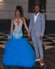 Blue Sparkly Long Mermaid Prom Ceremony Dresses For Black Girl 2024 Luxury Diamond Ruffles Evening Birthday Gala Gala