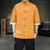 Camicie casual maschile in stile cinese camicia hanfu da uomo sciolto tops tanging lino solido tradizionale cotone maschio kimono m-5xl