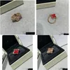 Band Rings Vintage Cluster Van Esigner Copper med 18K Gold Plated Red Mother of Pearl Flower Four Leaf Clover Charm Ring for Women DHMDL