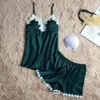 Abbigliamento da casa per pigiami sexy Donne seta raso pijama mujer in pizzo all'uncinetto spaghetti cinghia staccabile reggiseno cortometrali per reggiseno shorts abbiglia