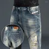 Pantalones vaqueros para hombre de alta calidad empalmados motocicleta marca Slim Fit agujero bordado pantalones masculinos fiesta Hip Hop pantalones de talla grande