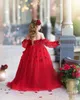 Rote Blumenmädchen Kleider klopfe Juwel Langarmes Mädchen Festzugskleider Kleinkind Erstkommunion Kleid bodenlange applizierte Kinder formelle Kleidung