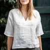 100% linne damer Loose Vneck Half hylsa Tshirt Summer Womens Classic Simple Casual Chic Pullover Tops 240409