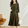 Casual Dresses Coigarssam Women's Summer Dress 2024 Office Lady Korea Style Three Quarter Sleeve Belt Solid O-Neck Army Green