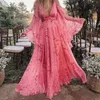 Casual jurken vrouwen V nek chiffon jurk bloemen roze losse lange rok koude schouder swing vestidos para mujer