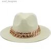 ワイドブリムハットバケツ帽子新しいゴールデンチェーンパナマハット夏の太陽帽子女性用マンビーチストローハット男性UV保護ジャズフェドラチャポーフェム56-60cm Y240409