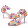 Dress Shoes Crystal Queen Multicolour Rhinestone Lace Flower Bride High Heel Wedding Party With Ankle Strap Bridesmaid H240409 UGWZ