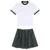 Womens Cheerleading Outfit Sports Meet Stage Performance Costume Round Neck Short Sleeve T-shirt with Pleated Skirt