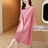Casual Dresses 2024 Pleated Miyake Spring Autumn Donna Lady Single-breasted Loose Beaded Exquisite Buckle Cardigan Elegant Dress