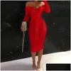 Basic Casual Dresses Y For Women Elegant Long Sleeve Bodycon Dress Autumn Off Shoder Lace Up Red Party Clubwear Drop Delivery Apparel Dhwqt