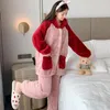 Vêtements à la maison mignonnes femmes patchwork couleurs sommiers 2pcs pyjamas costume corail toison de sommeil chaud ensemble intime lingerie automne