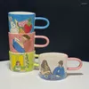 Mugs 350ML Hand-painted Long Handle Cup Painted Coffee Mug Cute Cartoon Oatmeal Kitchenware Embossed Ceramic Girl Heart
