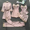 Hemkläder Zoolim Satin Sleepwear Kvinna med bröstkuddar Sexiga kvinnor Pyjamas Lace Slik Sleep Lounge 5 Pieces Set damer inomhus