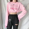 Women's Hoodies 2024 Women mode mode lange mouw zoet roze letter borduurwerk tops vrouwelijke herfst stijlvolle all-match drawstring crop top voor