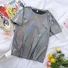 S5XL Womens Sparkly Shiny Metallic Holographic Round Neck Short Sleeve Casual Loose Top Festival Party Tee Shirt Female Clothes 240409
