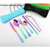 7/8pcs Set Dinnerware Portable Printed Stainless Steel Spoon Fork Steak Knife Set Travel Cutlery Tableware with Bag Random