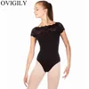 Scenkläder ovigily childrens spets kort ärm balettdansplikare för barn nylon svart gymnastik Leotard Girls Competition Top