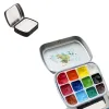 Rektangel Metal Tin Box 12 Grids Akvarellfärg Tray Mini Watercolor Paint Plaette Stationry Children School Art Supplies