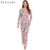 Hemkläder Ekouaer Kvinnor Pyjamas Set Nightwear Långärmad blommig tryck Sleepwear Stäng av krage Pyjama Set kvinnliga hemkläder kostymer