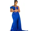 2023 Black Royal Blue Mermaid Prom -klänningar med avtagbar tågkristallsekvensinerade aftonklänningar Långa ärmar Sträng Bateau Neck Side Split Overskirts Formell klänning