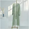 Ethnic Clothing Shiny Kimono Abaya Dubai Solid Soft Satin Fix Rhinestone Tape Trim Belted Cardigan Robe Woman Corban Eid Ramadan 2024 Dhkef