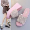 2024 Summer New Style Outward Wearing Matsu Cake Thick Sole High for Women's Sequin Pearl Slop Heel Cool Slippers