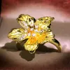Cluster Rings Elegant Gold Flower Snowflake S925 Silver Ring Cubic Zirconia Female Wedding Vintage Boho Jewelry Gift Engagement For Women