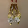 Aquazzura Crystal Margarita Pump Heels 105mm Nero Flower Rhinestone Decoration High Heeled Dress Shoes Point Toes Ankel Strap Stiletto