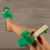 Slippers Liyke Summer Women Fashion Green Fur Feather PVC Sandales transparentes Chaussures Gladiator Casual Low Talons Mules Slides H240409