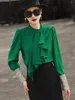 Kvinnor BLOUSES 2024 SPRING RETRO KONTRAST FÄRG RUFFLED SYCKING PEMUTER SHIRT FODE Lång ärm Stand Collar Elegant Blus Women Top